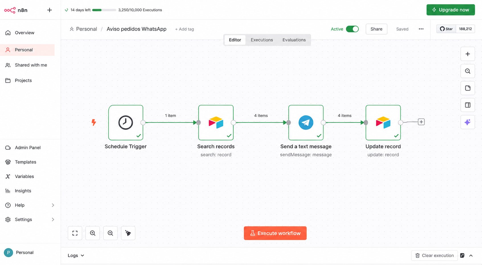 Flujo de automatización del bot de WhatsApp en n8n
