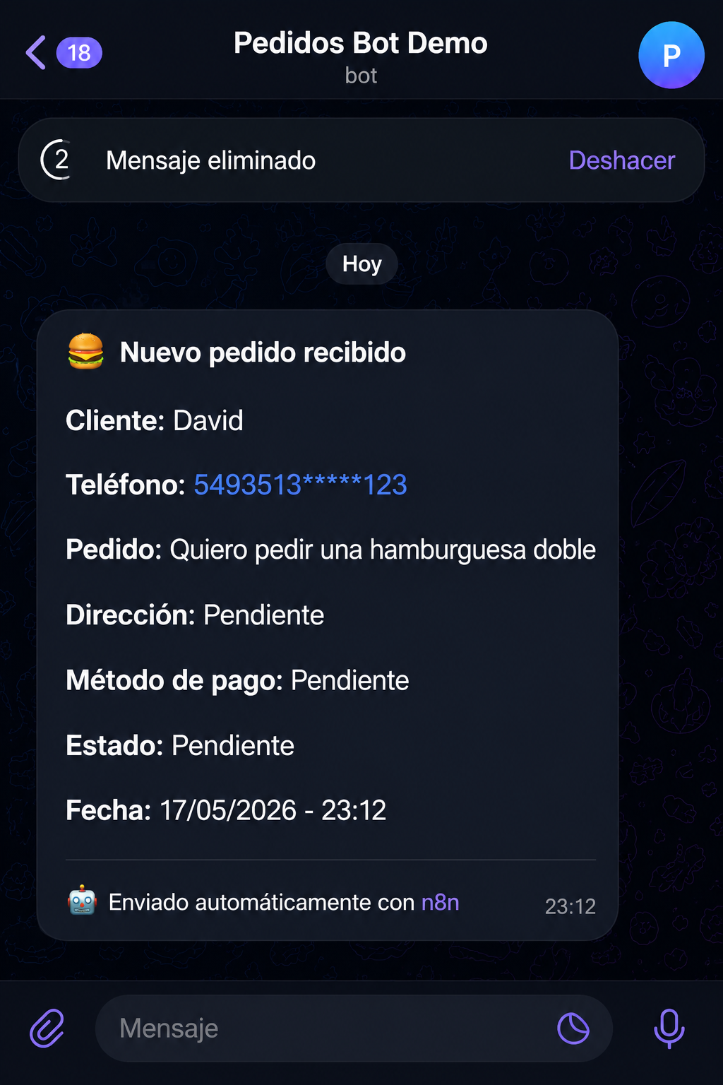 Tabla de pedidos organizados desde WhatsApp