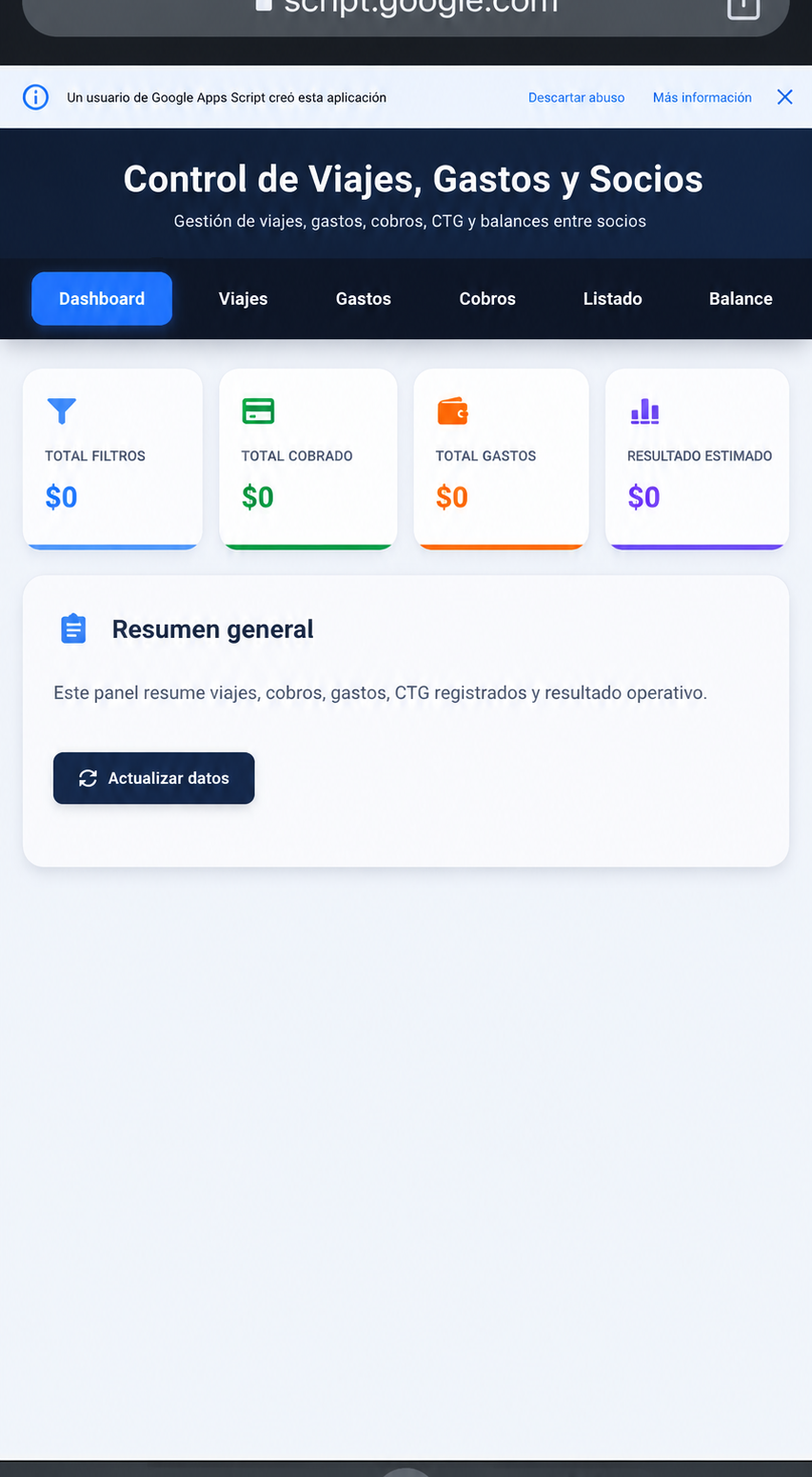 Vista mobile del sistema de control de viajes