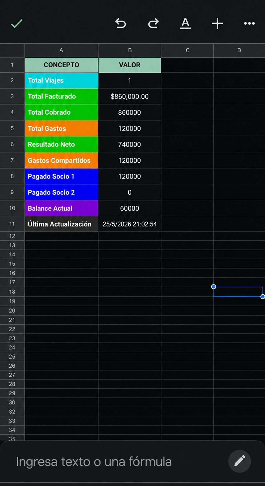 Google Sheets usado como base de datos del sistema de viajes