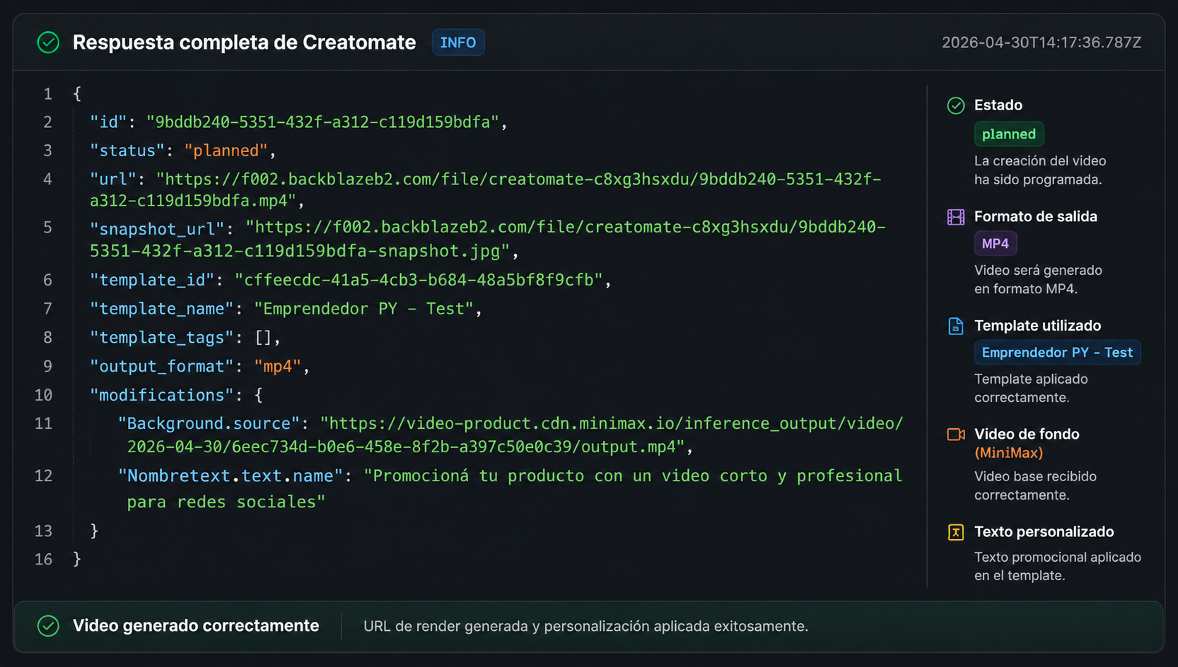 Backend completando la generación automática de video