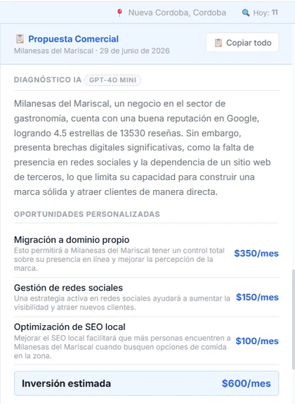 Propuesta comercial generada con IA con diagnóstico y oportunidades de mejora para un negocio